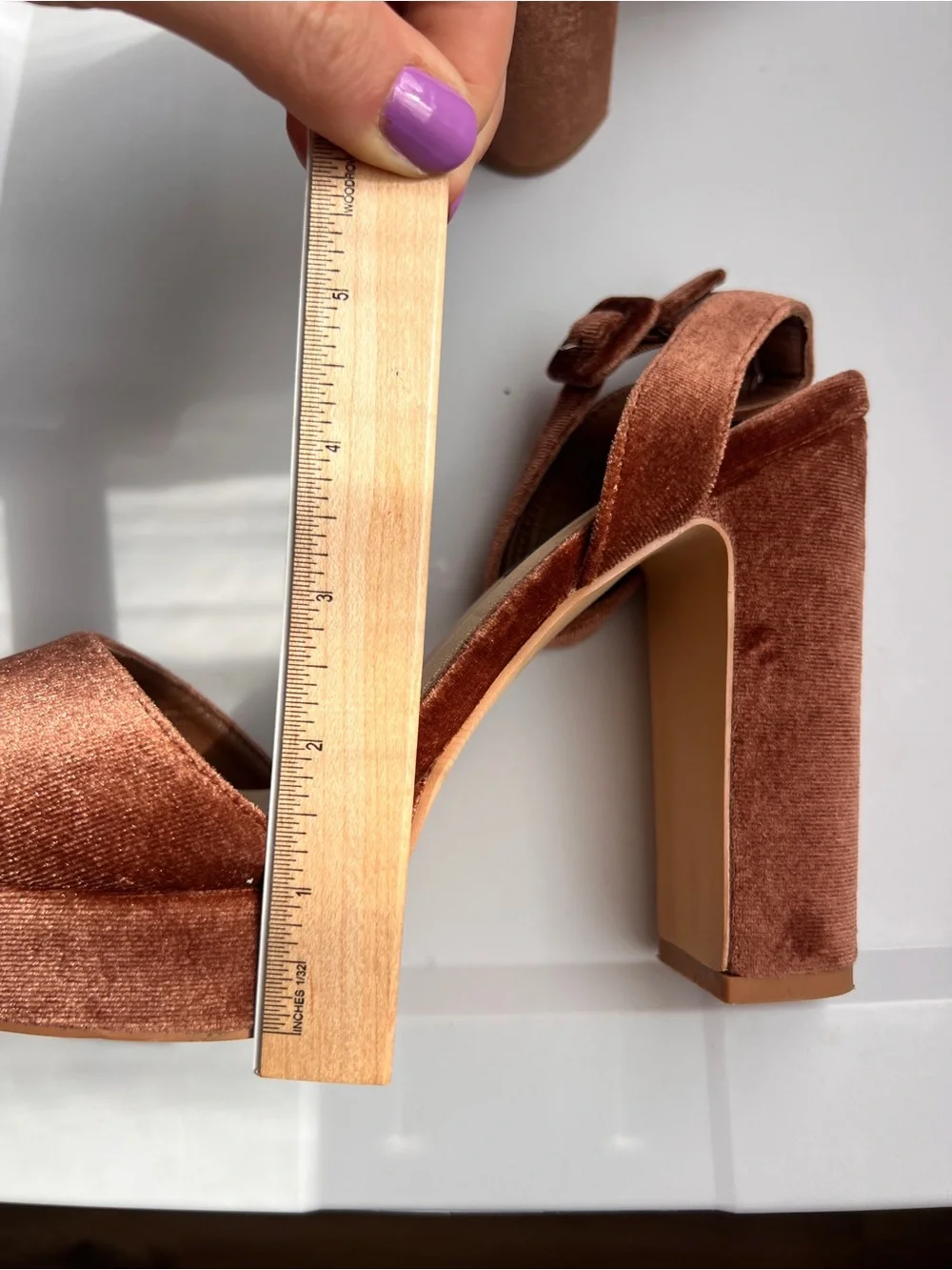 French Connection Taryn Copper Brown Velvet Platform Ankle-Strap Heels